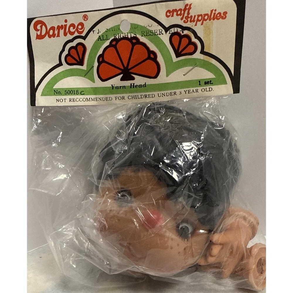Darice Black Hair Doll Yarn Head & Hands Large Plastic 50018 Dark Skin 4"